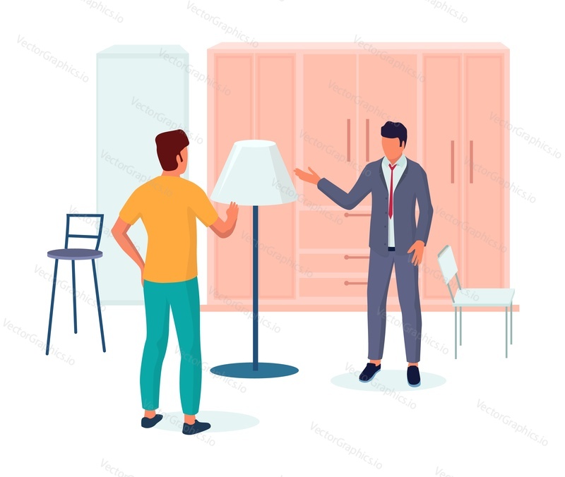 Prodavač pomáhá nakupujícímu vybrat lampu pro interiér ložnice, ploché vektorové ilustrace. Koncept maloobchodního obchodu s nábytkem.