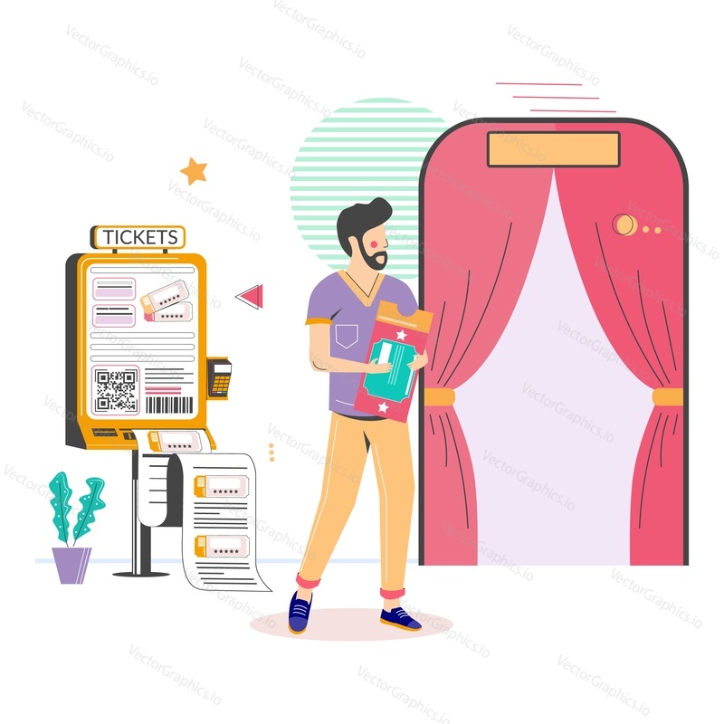 Cinema self service terminal. Man buying movie ticket at self service kiosk, vector illustration. E-ticket machine.