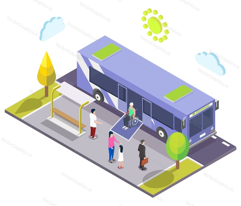 Autobus. Invalidní muž na invalidním vozíku opouštějící městský autobus pomocí rampy pro bezbariérový přístup, plochá vektorová izometrická ilustrace. Životní styl osoby se zdravotním postižením. Dostupnost městské hromadné dopravy.