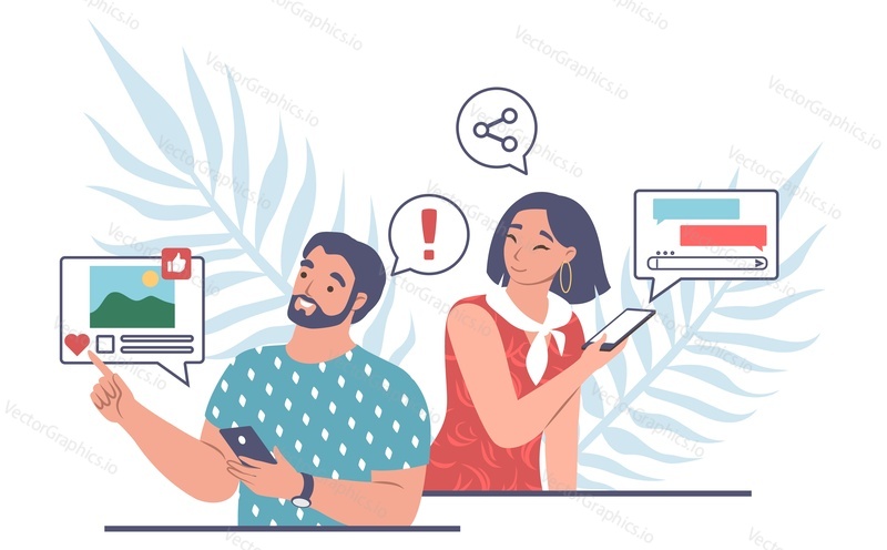 Счастливая пара с мобильными телефонами и sms, пузырьки чата, плоская векторная иллюстрация. Мужчина и женщина общаются онлайн, обмениваются текстовыми сообщениями. Онлайн-общение.