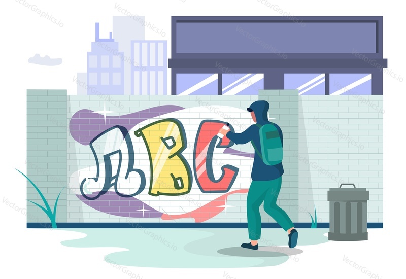 Graffiti art umělec teenager na sobě mikinu malování cihlové zdi s barvou sprej, ploché vektorové ilustrace. Koncept pouličního umění.