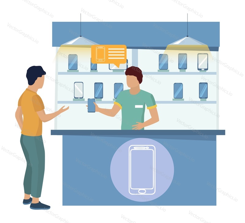 Muž kupuje nový mobilní telefon. Prodejce ukazuje smartphone zákazníkovi, ploché vektorové ilustrace. Interiér telefonního obchodu.