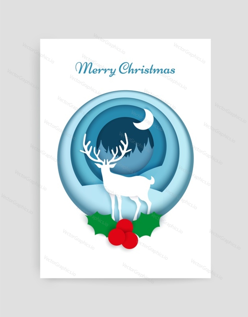 Merry Christmas card vector design template. Papír řezané řemeslné styl zimní složení bílé sob silueta a cesmína bobule v kruhu.