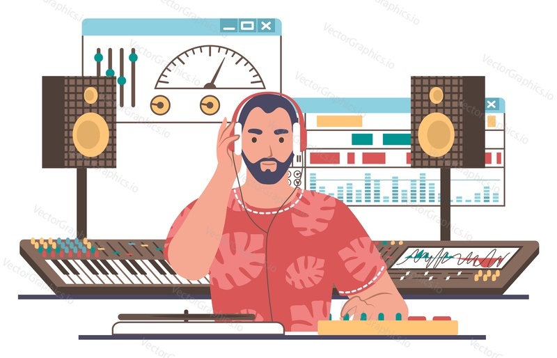 Zvukový designér, inženýr, editor vytvářející hudbu ve studiu, ploché vektorové ilustrace. Nahrávání zvuku a hudby, editace a mixování.