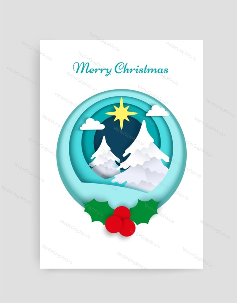 Merry Christmas card vector design template. Papír řezané řemeslné styl zimní složení bílých zasněžených vánočních stromků a cesmíny bobule v kruhu.