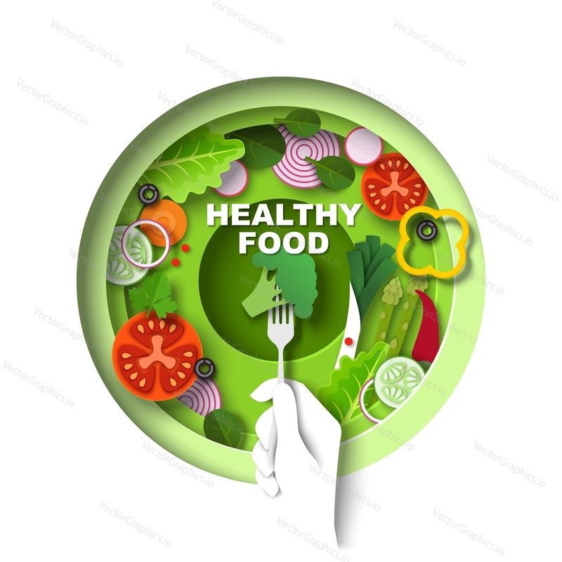 Bowl with delicious vegan salad, hand holding fork with broccoli, vector top view illustration in paper art style. Healthy diet, vegetarian meal. Healthy food poster, banner design template.