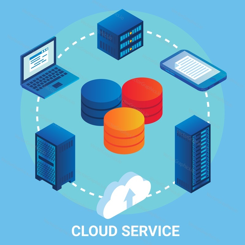 Vývojový diagram cloudových služeb, vektorové ilustrace. Izometrický přenosný počítač, mobilní telefon, serverové stojany. Koncept Cloud computingu.