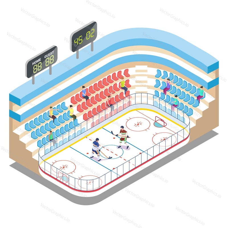 Izometrický hokejový stadion, hráči a fanoušci, ploché vektorové ilustrace. Hokejová aréna, kluziště, sportovní hřiště s tribunou, výsledková tabule.