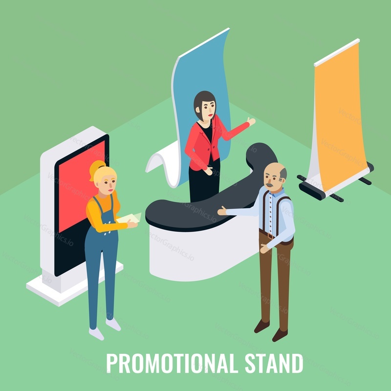 Reklamní potiskové a výstavní stojany. Promotéři prodeje reklamní produkty společnosti zákazníkovi, ploché vektorové izometrické ilustrace. Výstavní stánek. Veletržní nebo výstavní vybavení.