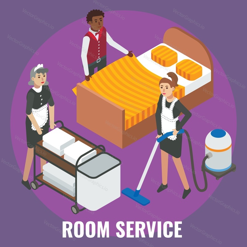 Hotelový personál služka, čistší postavy dělat postel, úklidová místnost, ploché vektorové izometrické ilustrace. Hotel úklid pokojová služba.