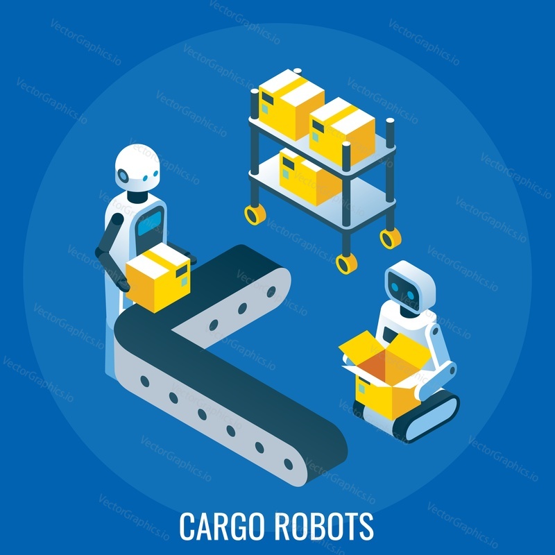 Nákladní roboti, ploché vektorové izometrické ilustrace. Automatizovaná linka, roztomilé roboty balící kartonové krabice. Koncepce průmyslové automatizace a robotiky.