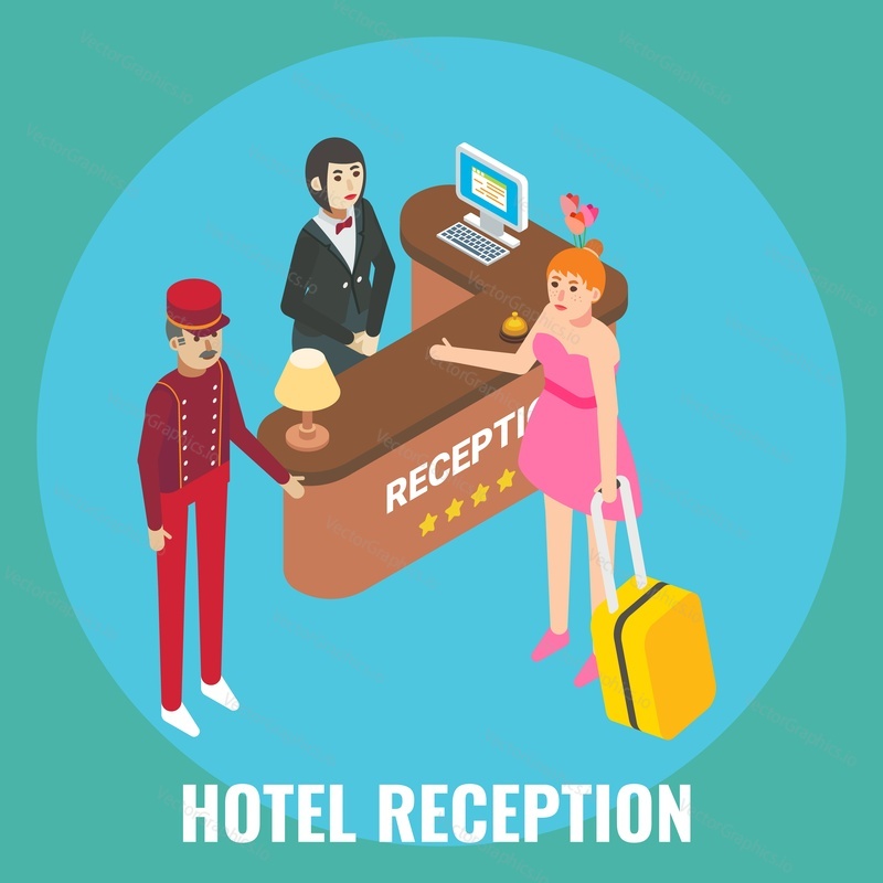 Hotel recepční, pohostinství profesionální odbavení v Host žena, ploché vektorové izometrické ilustrace. Hotel recepce registrační služby.