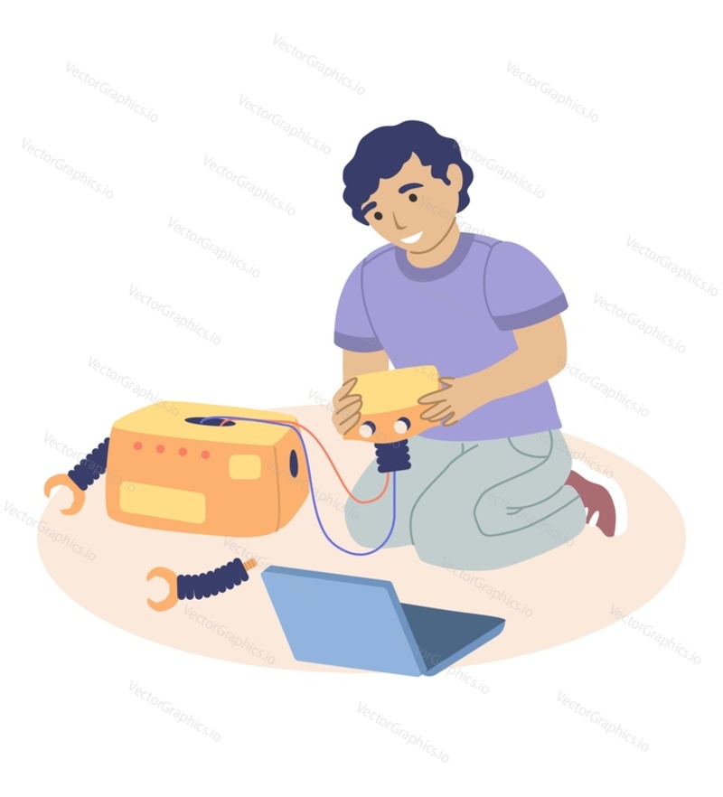 Cute boy making robot, studying robotics at robot school for children, flat vector illustration. Kids robotics engineering.