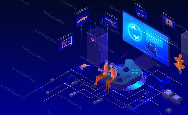 Herní set pro konzoli, vektorová izometrická ilustrace. Hráčské postavy, stolní počítačový monitor, herní ovladač. Play station gamer příslušenství.