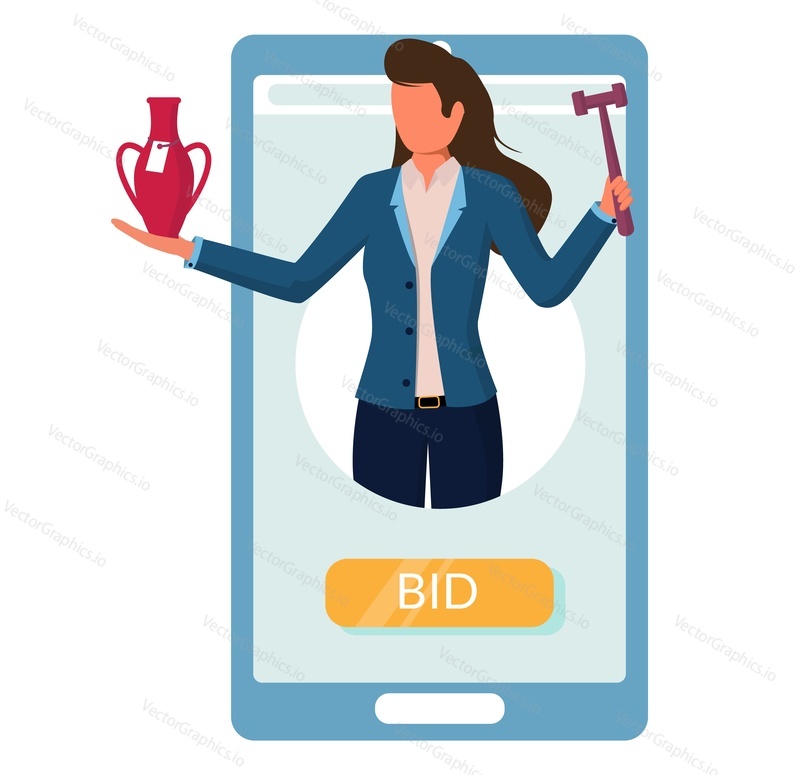 Продажа на онлайн-аукционе, плоская векторная иллюстрация. Смартфон с аукционистом, держащим в руках молоток и вазу. Аукцион и интернет-торги с мобильного телефона.