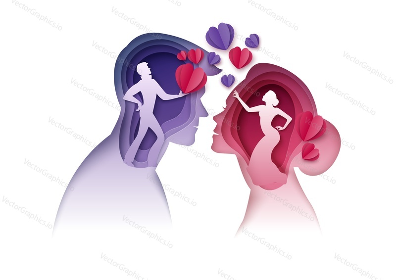 Young man and woman silhouettes looking at each other, giving hearts, vector illustration in paper art style. Couple in love. Romantic relationship.