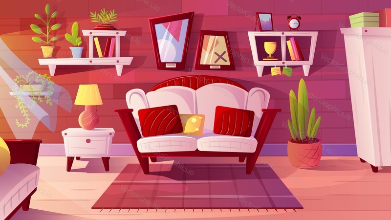 Interiér obývacího pokoje, ploché vektorové ilustrace. Apartmánový pokoj s útulnými pohovkami, kobercem, nástěnnými policemi, šatní skříní, domácími dekoracemi.
