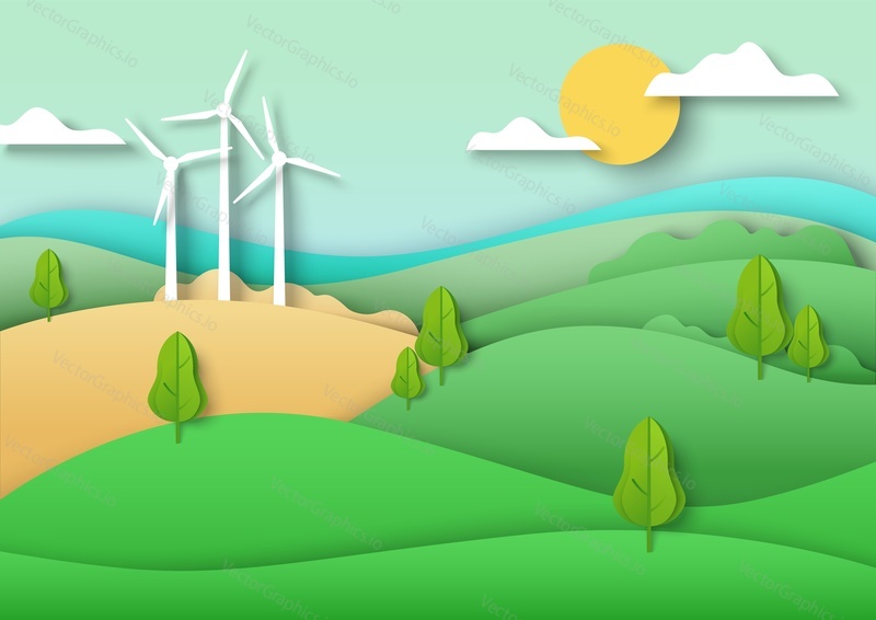 Green hills nature landscape, vector illustration in paper art style. Summer rural scene with beautiful hills, field, meadows, trees, windmills, sky, clouds, sun. Countryside nature scenery.
