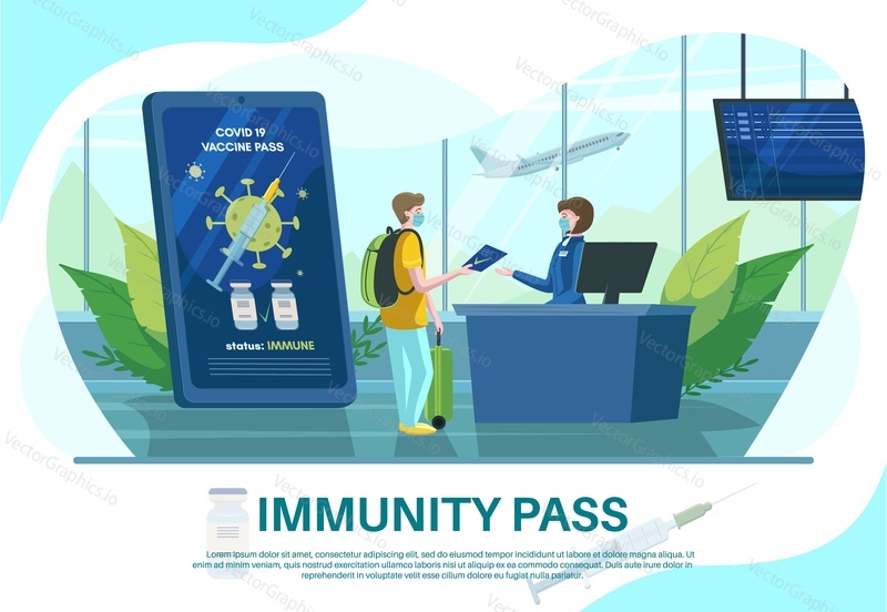 Smartphone s imunitním zdravotním pasem. Cestovatel ukazující očkovací pas nebo certifikát na přepážce odbavení na letišti, ploché vektorové ilustrace. Immunity pass plakát design šablony.