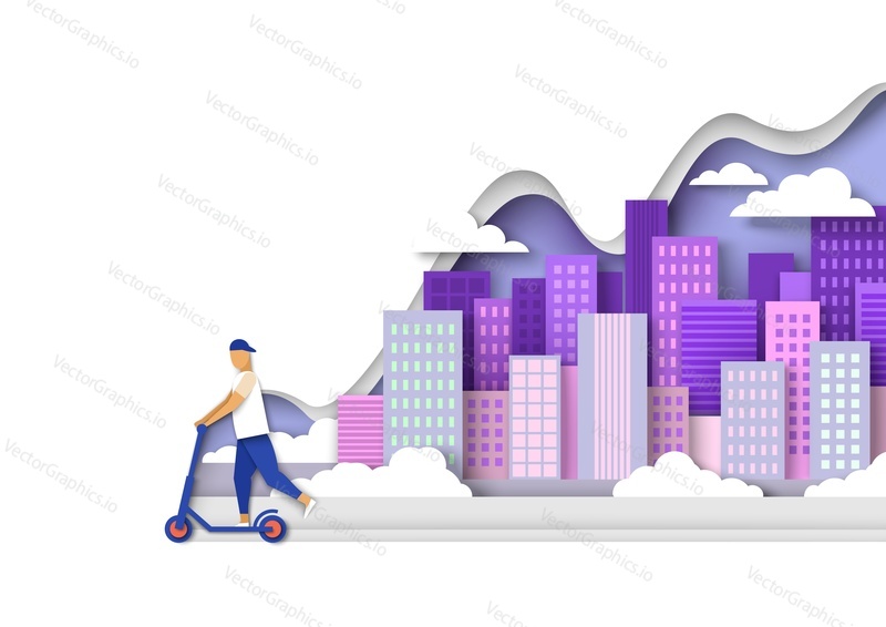 Young man riding electric kick scooter on the road, vector illustration in paper art style. Modern vehicle, eco city transport. Street scooter riding.