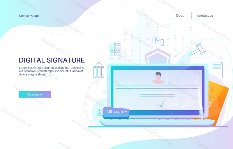 Digitální podpis landing page design, webové stránky banner šablony, ploché vektorové ilustrace. Elektronický dokument na obrazovce přenosného počítače. Čipová karta a USB klíč token.