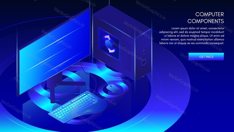Computer components web banner template. CPU, monitor, klávesnice a myš, vektorové izometrické ilustrace. Hraní her, pracovní stanice, těžební stolní osobní počítač.