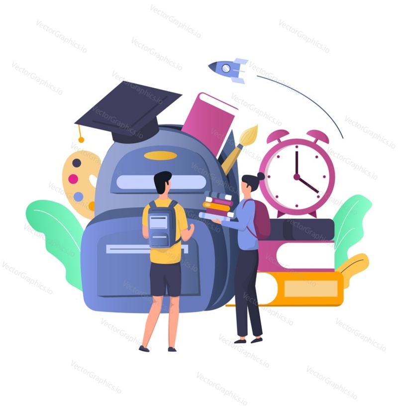 Školní taška s maturitním kloboukem a papírnictvím, studenti chlapec a dívka s batohy, hromada knih, plochá vektorová ilustrace. Škola a vzdělání.