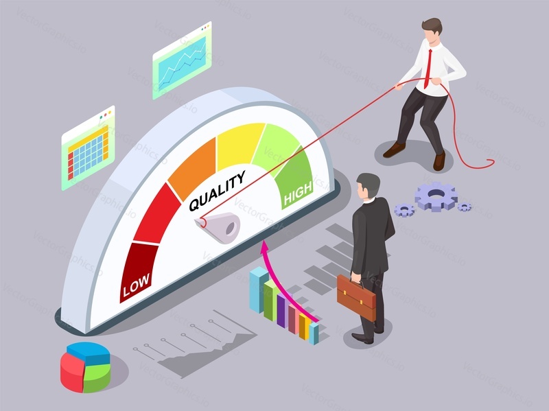 Businessman turning quality meter arrow with rope from low to high level, flat vector isometric illustration. Quality management, improvement.