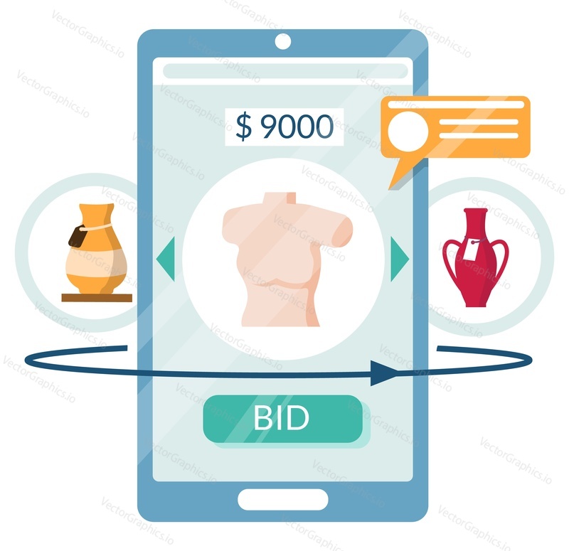 Mobile phone auction. Antique vase, sculpture art sale, flat vector illustration. Market trade. Online auction.