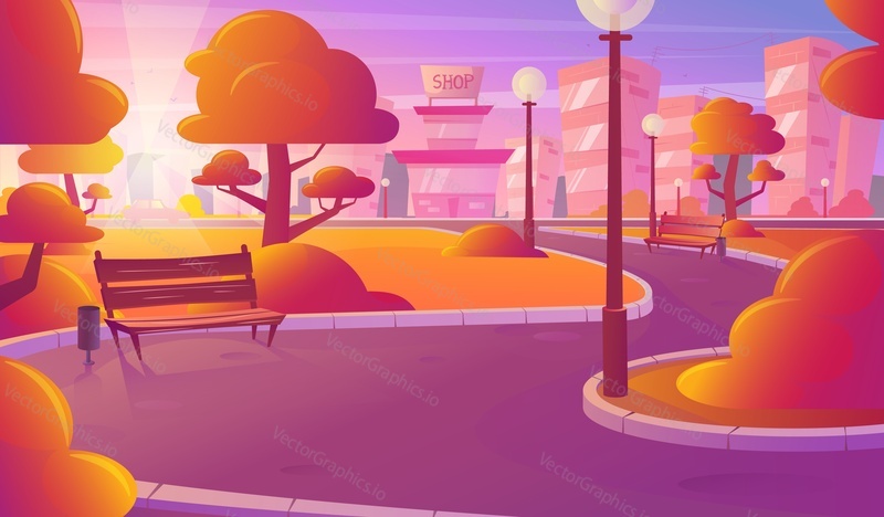 City skyline, orange sunset landscape, vector illustration. Beautiful cityscape evening view. City park, urban buildings.