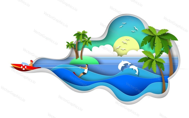 Man riding water ski, vector illustration in paper art style. Water skiing, extreme summer sport and beach activity. Waterskiing and wakeboarding.