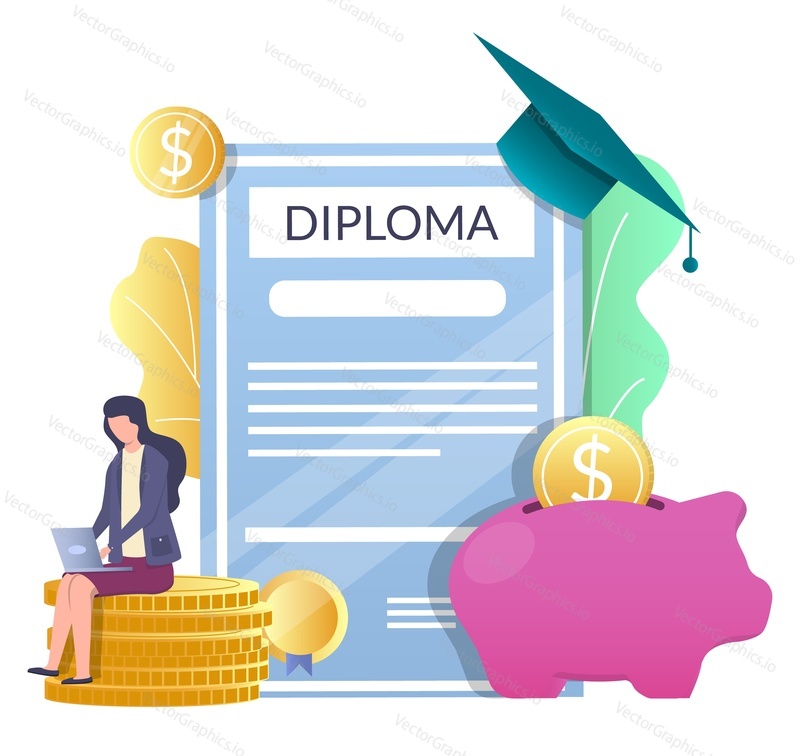 Диплом, выпускная шляпа, копилка с деньгами, женщина, работающая за ноутбуком, сидя на стопке долларовых монет, плоская векторная иллюстрация. Студенческий кредит, экономия денег на образование, стипендия.