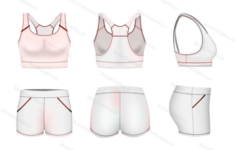 Bílé ženy sportovní podprsenka nebo crop top a šortky maketa set, vektorové ilustrace, přední, zadní a boční pohled. Sportovní oblečení móda, tréninkové oblečení šablona.