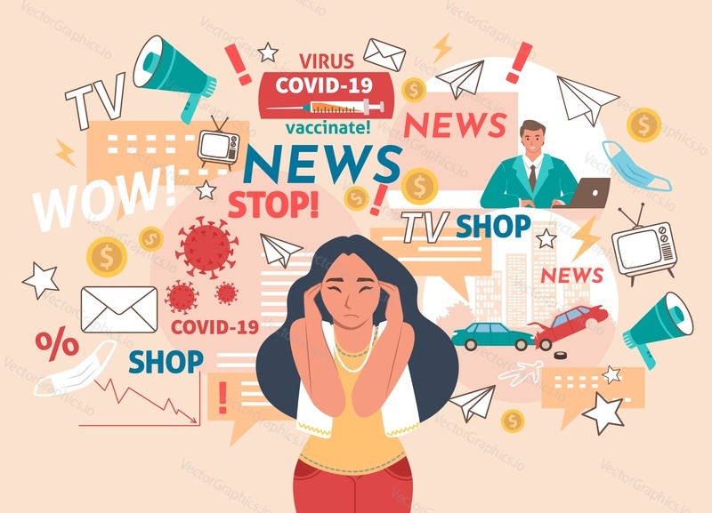 Žena, která má bolesti hlavy z televizních a online zpráv, lámání příběhů, ploché vektorové ilustrace. Dívka nemůže stát příliš mnoho informací. Případy koronaviru, očkování, dopravní nehody. Hluk zpráv.