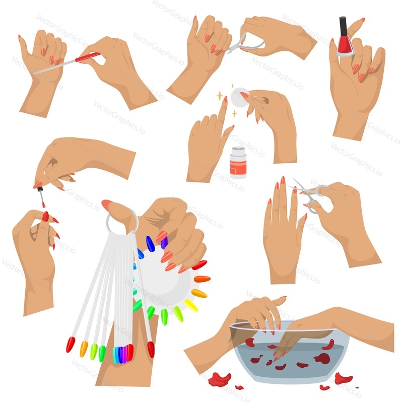 Hand manicure set, vector isolated illustration. Hands and nails beauty treatment, hygiene. Manicure tools and accessories. Nail art studio, spa salon services.