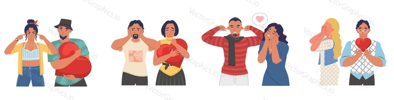 Unrequited love couple set, flat vector isolated illustration. Non reciprocal or one sided love.