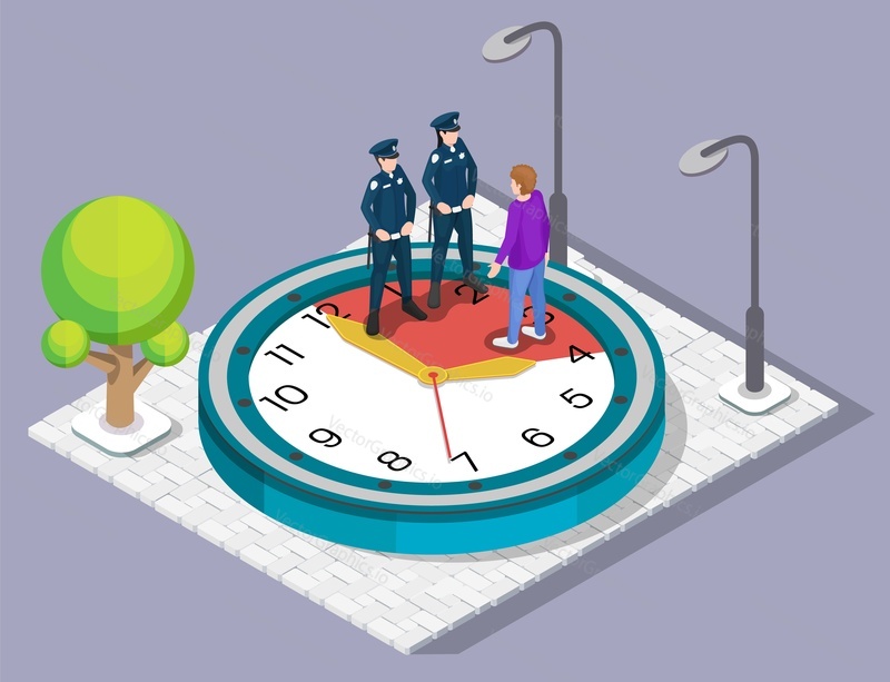 Police officers patrolling street to avoid curfew breaches, flat vector isometric illustration. Stay at home at specific time, curfew hours.