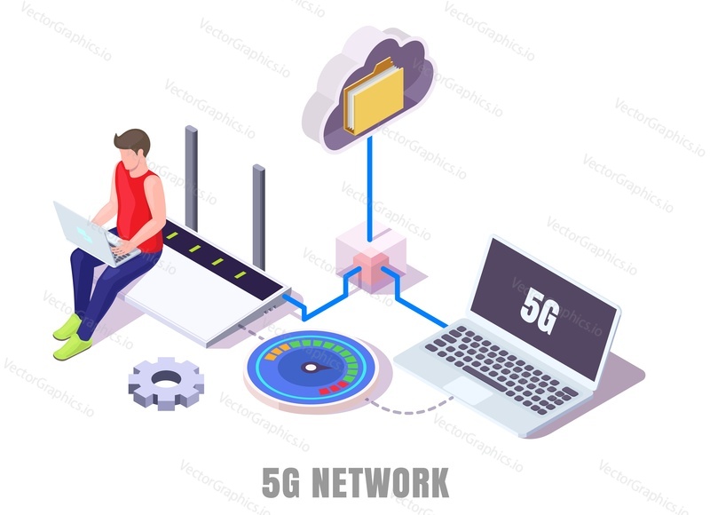 сотовая сеть 5g. Мужчина работает за ноутбуком, передает данные, тестирует новый высокоскоростной Интернет, сидя на маршрутизаторе, плоская векторная изометрическая иллюстрация. беспроводная технология нового поколения 5g.