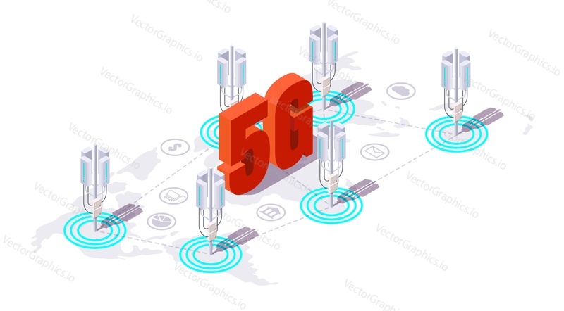 Anténa základnové stanice, komunikační věž pro vysokorychlostní internet 5g, plochá vektorová izometrická ilustrace. Koncept pokrytí sítě 5g.