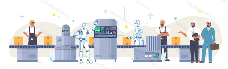 Automatizovaná výrobní linka, ploché vektorové ilustrace. Robotické stroje pracující na průmyslovém automatickém dopravníkovém pásu s kartonovými krabicemi. Robotický proces montáže a balení. Průmyslová automatizace.