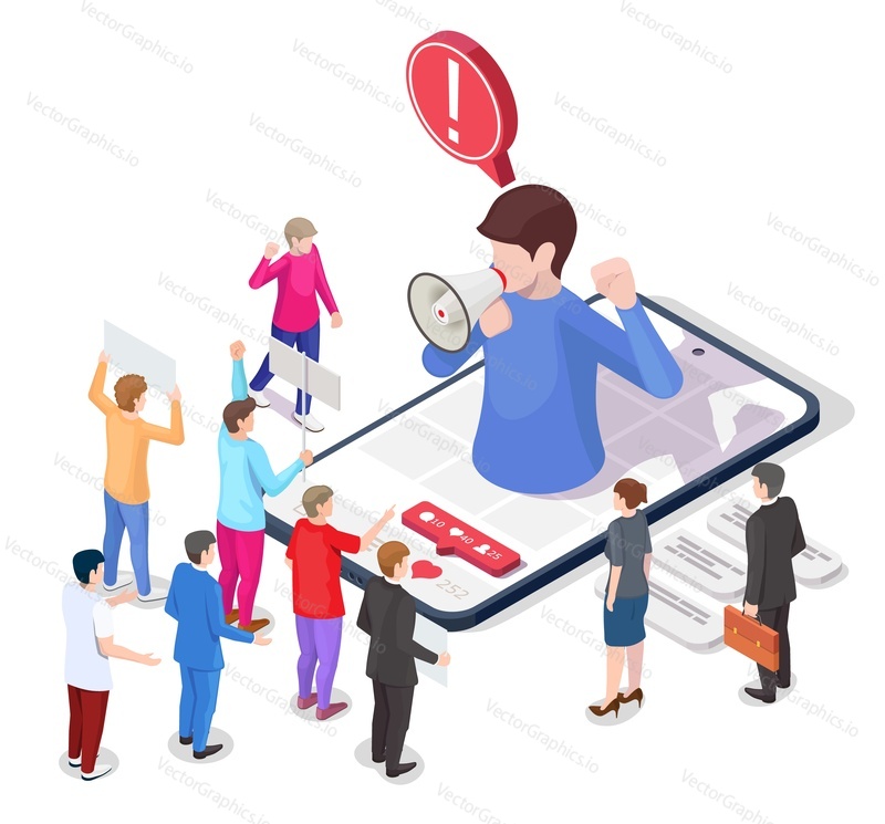 Social media protest. Protesters with placards near smartphone with man shouting through megaphone, flat vector isometric illustration. Online social movements, media activism.