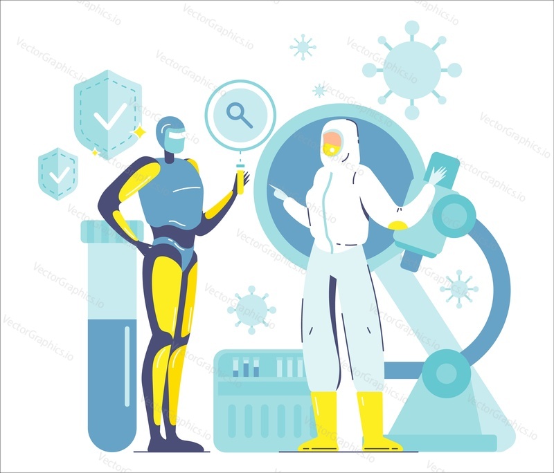 Robotický stroj a člověk pracující v lékařské laboratoři během koronaviru, ploché vektorové ilustrace. Doktor, vědec v ochranném ochranném obleku, obličejová maska. Bezpečnost robotů a nadřazenost. AI vs člověk.