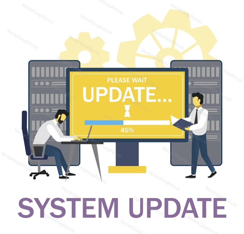 Správci systému Aktualizace operačního systému, ploché vektorové ilustrace. Instalace softwaru, upgrade nebo údržba počítačového systému.