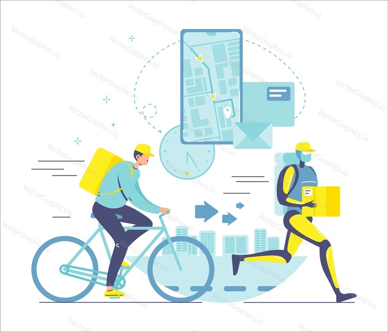 Robot kurýr s balíkem běží před člověkem, doručovatel na kole, ploché vektorové ilustrace. Roboti nadřazenost. AI vs člověk. Technologie umělé inteligence.