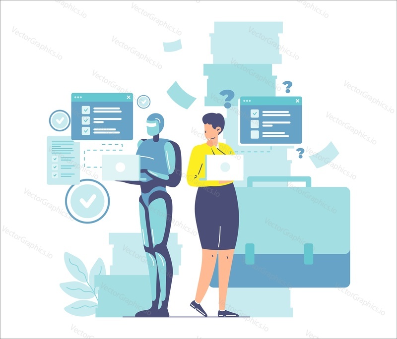 AI Pracuje lépe než lidské, ploché vektorové ilustrace. Robot stroj a obchodní žena pracující na počítačích a označení kontrolního seznamu. AI vs. lidská Produktivita. Roboti nadřazenost.