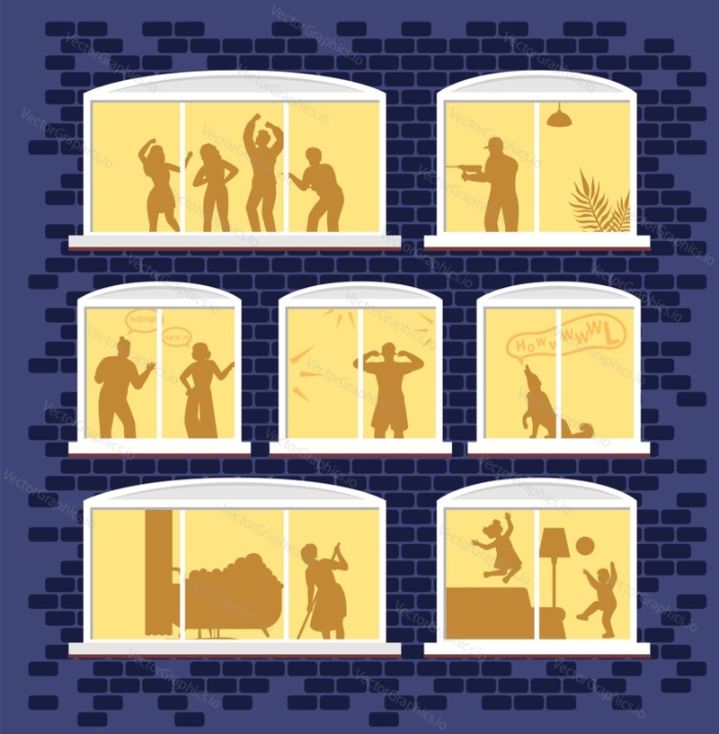 Multistorey apartment house windows with noisy neighbors silhouettes, flat vector illustration. Group of people dancing, couple screaming, man drilling wall, dog barking, children playing.