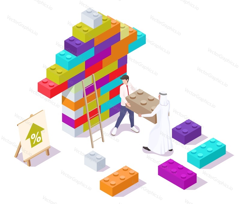 Business people building block up arrow together, flat vector isometric illustration. International business team work, collaboration, teamwork.
