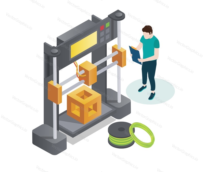 3D printer, flat vector isometric illustration. Additive manufacturing technology and prototype concept.