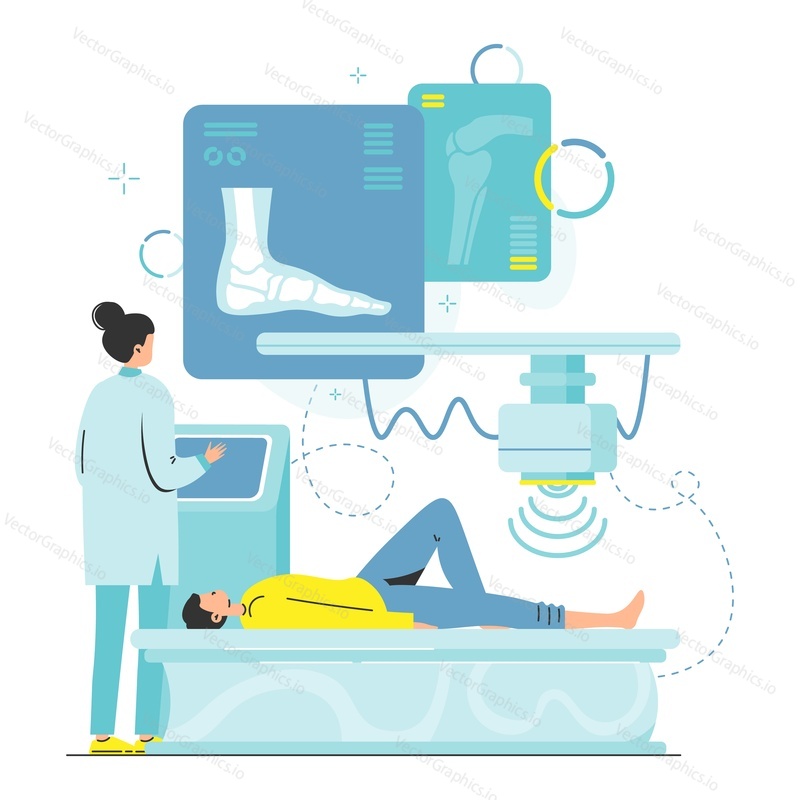 Xray vyšetření, kostní sken pacienta mužské nohy, ploché vektorové ilustrace. Zlomenina kostí, poranění, osteoartritida, osteoporóza, artritida nohou, bursitida. Postup fluoroskopie.
