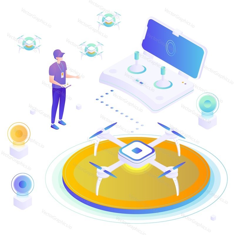 Drone operator with remote controller, quadcopter on podium, flat vector isometric illustration. Unmanned aerial vehicle. Drone technology.